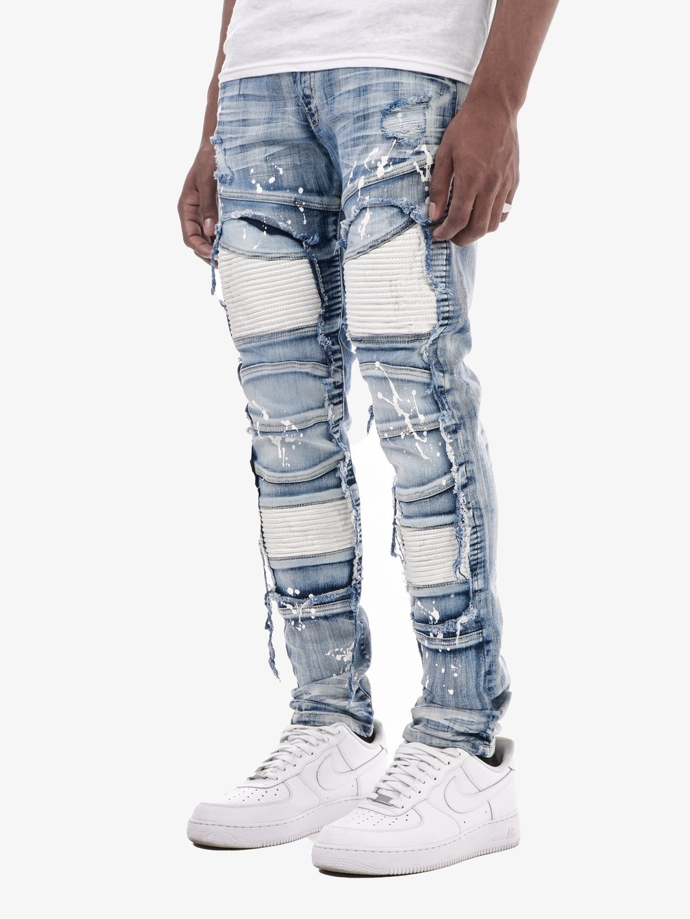 Men's Skinny Distressed Blue Patch Panel Jeans